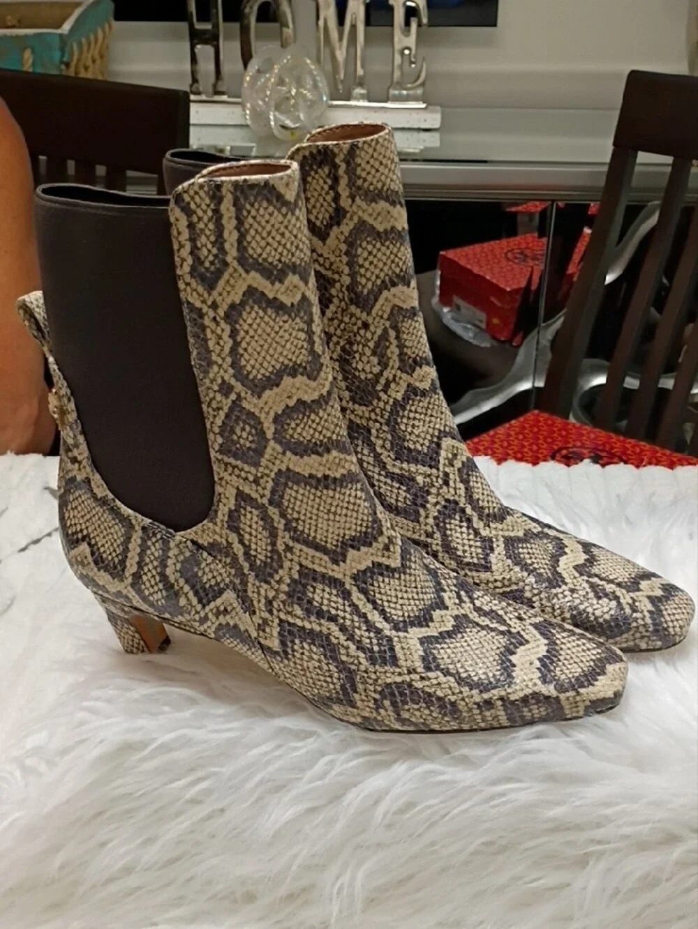 New Sam Edelman Margo Leather Snake-Print Chelsea Ankle Boots in Beige and Black